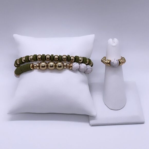 NWT Wool + Pepper Co. Green & Marble Beaded Jewelry Set (3) - Picture 2 of 5